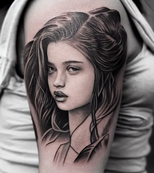 Image similar to a beautiful girl portrait faded in a beautiful mountain background, realism tattoo, in the style of den yakovlev, black and white, hyper realistic, highly detailed