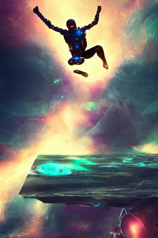 Prompt: ninja cyborg floating in space letting go of reality and experiencing the quantum feild, matte painting comic book art, cinematic, highly detailed, realistic, beautiful cosmic neural network, octane render, unreal engine, depth of field, trending on artstation, sharp focus, philosophical splashes of colors