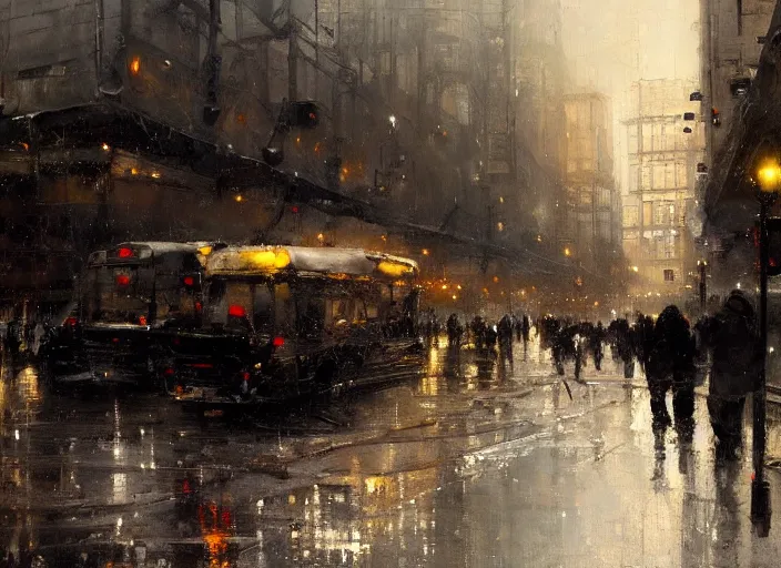 Image similar to painting of a cityscape in winter by jeremy mann, street - level, dripping oil paint, thick brushstrokes, high resolution