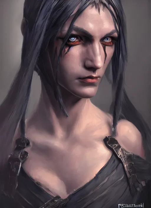 Image similar to realistic dark elf by r. a. salvatore portrait, trending on artstation, low angle oil painting and composition laws, cinematic lighting, hyperdetailed, artstation, cgsociety, 8 k