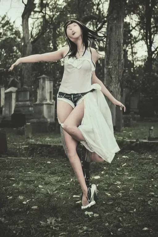 Image similar to egirl doing a shuffle dance in an abandoned graveyard, aesthetic!!, clean composition, outdoor lighting, beautiful highly symmetric face, gazing eyes