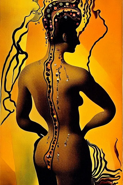 Image similar to beautiful woman by salvador dali, intricated details, 3 / 4 back view, hair styled in a bun, bendover posture, full body portrait, bright design, drips, autumn lights