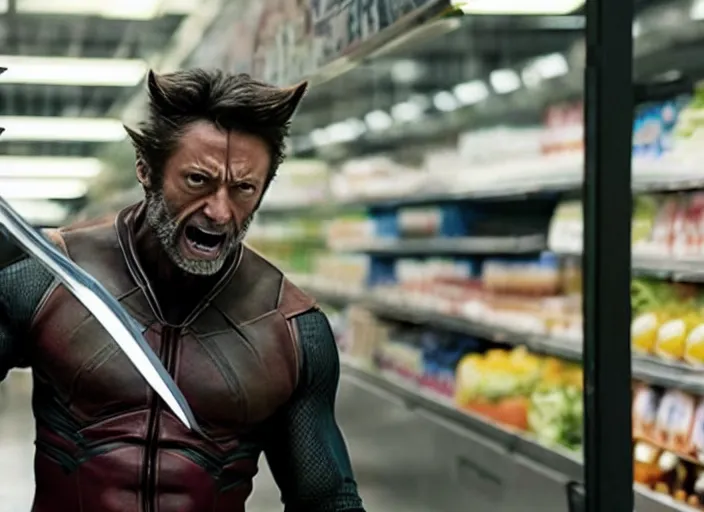 Image similar to film still of Wolverine going grocery shopping in the new X-Men movie, 4k