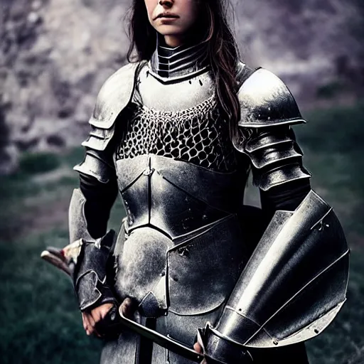 Image similar to a beautiful female knight without any battle experience who only wanted to see a dragon, symmetrical, cinematic, real photography