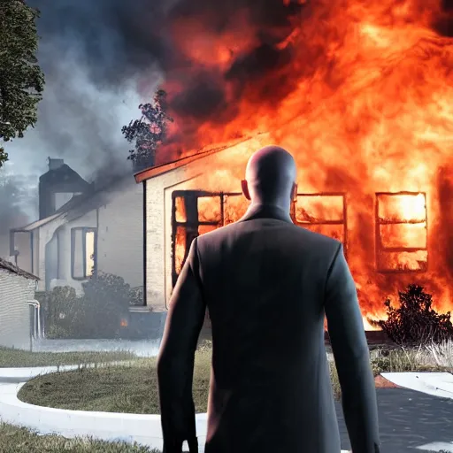 Prompt: a photo of a house burning down in the background and agent 4 7 with an eerie expression in the foreground, strong depth of field