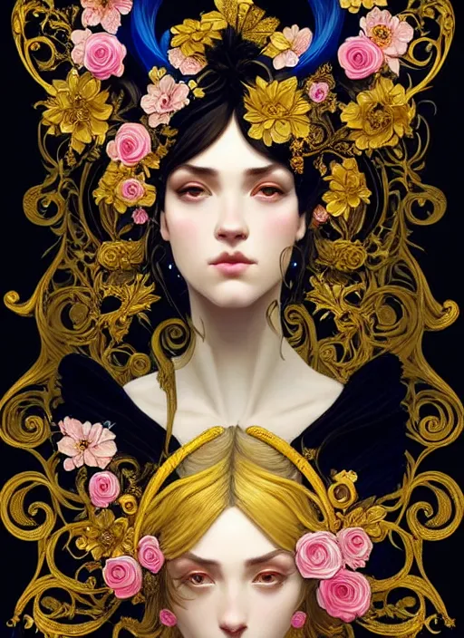 Image similar to beautiful black blue yellow, complicated gold and pink flowers in baroque style headwears, dark fantasy, intricate, elegant, highly detailed, digital painting, artstation, concept art, matte, 3 d 8 k octane rendered, sharp focus, illustration, octane rendered, art by artgerm and alphonse mucha, leesha hannigan