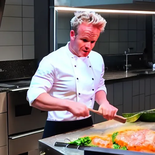 Image similar to hyper real Gordon Ramsey cooking a unicorn in kitchen 4k