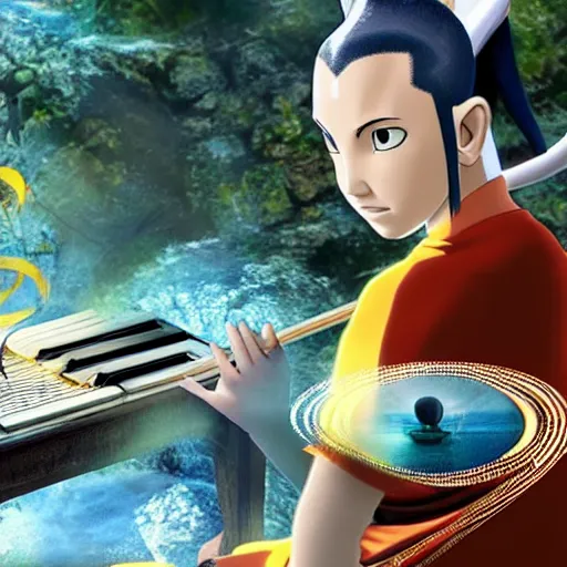 Image similar to Avatar the last airbender playing the piano, UHD, hyperrealistic render, 4k, highly detailed