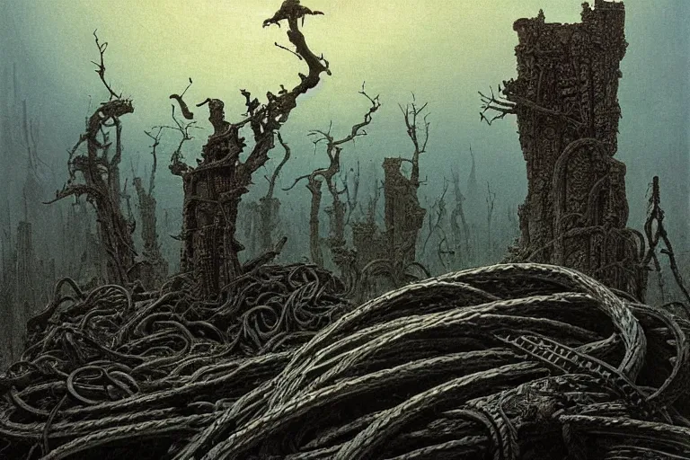 Prompt: intricate, skull atop huge pile of thick cables, interior room, dark, style by caspar david friedrich and wayne barlowe and ted nasmith.