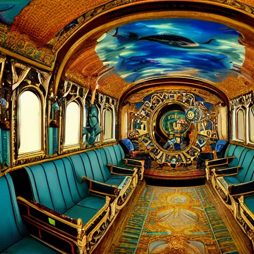 Image similar to clear detailed painting of the inside of the ornate underwater train to atlantis, various weird and wonderful characters sat down, by william powell frith and and frederic leighton, ultra wide angle, 4 k