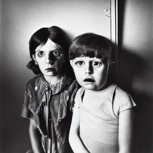 Image similar to high quality, high detail, ultra sharp photograph by diane arbus and vivian maier, hd, strange faces, intense fear of unknown, photorealistic lighting