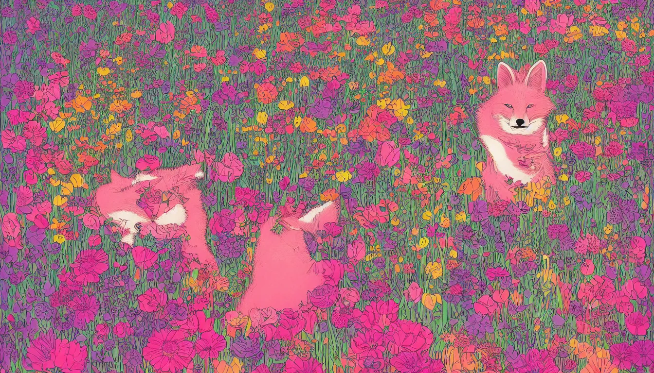 Image similar to pink fox head popping out of a field of multi colored flowers by kilian eng, victo ngai, josan gonzalez