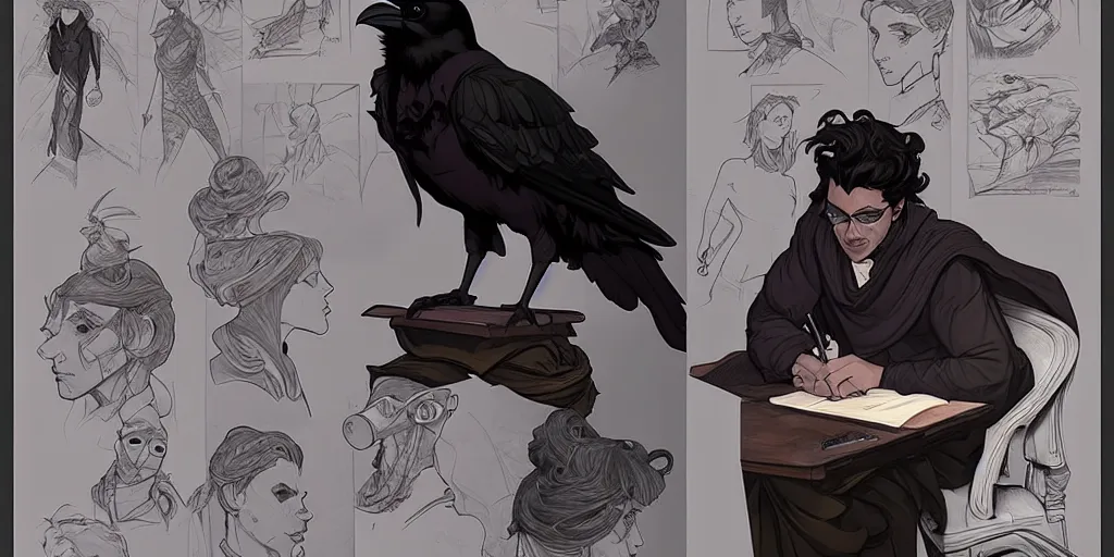 Image similar to a raven scholar writing at his desk. character sheet, character design, contrast, deep focus, turnaround, highly detailed, dramatic lighting, digital painting, artstation, concept art, matte, sharp focus, illustration, elegant, art by artgerm and greg f and alphonse mucha.