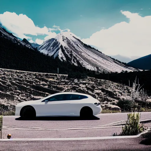 Image similar to modern minimalistic car, professional photography, vaporwave, mountains in the background