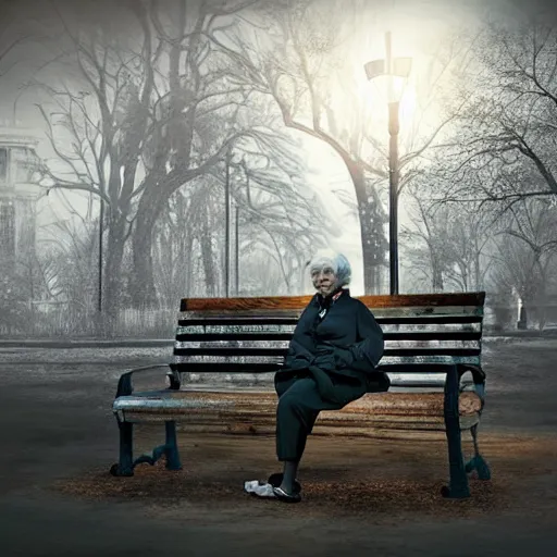 Prompt: an elderly women sitting on a park bench, dramatic lighting, post apocalyptic, hyper realistic