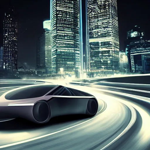 Image similar to a futuristic car driving at night, lighting in background, realistic, canon camera,