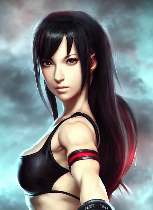 Image similar to beautiful portrait of a gorgeous personal trainer who looks like Tifa Lockhart , character design by Ross Tran, artgerm detailed, soft lighting