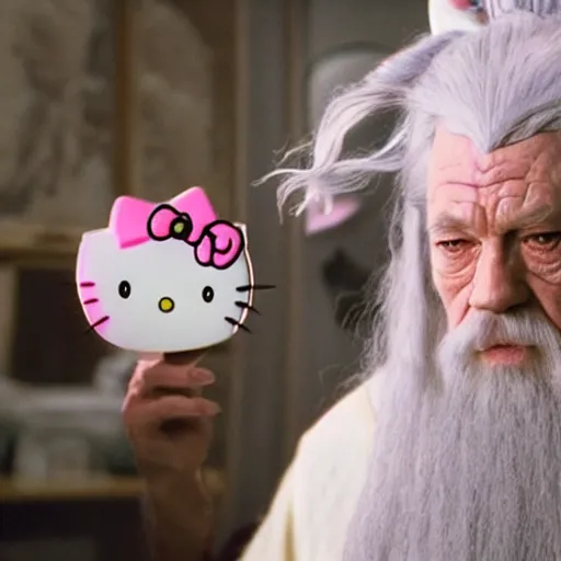 Image similar to portrait of gandalf, Hello Kitty headgear, holding a blank playing card up to the camera, movie still from the lord of the rings