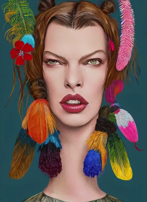 Prompt: beautiful portrait of Milla Jovovich wearing fantastic Hand-dyed cotton dress,embellished beaded feather decorative fringe knots ,colorful pigtail,subtropical flowers and plants, 18 years old, dramatic,symmetrical face,intricate,elegant,highly detailed,8k,post-processing,digital painting,trending on pinterest, GUCCI,PRADA,concept art, sharp focus, illustration, by artgerm,Tom Bagshaw,Lawrence Alma-Tadema,greg rutkowski,alphonse Mucha