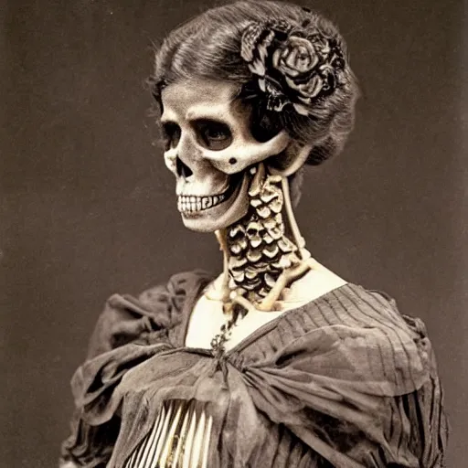 Prompt: a skeleton woman with crystals growing from her face and body, victorian era dress, long hair