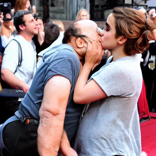 Image similar to danny devito and emma watson french kissing in public, detailed, gross, cinematic, 8 k