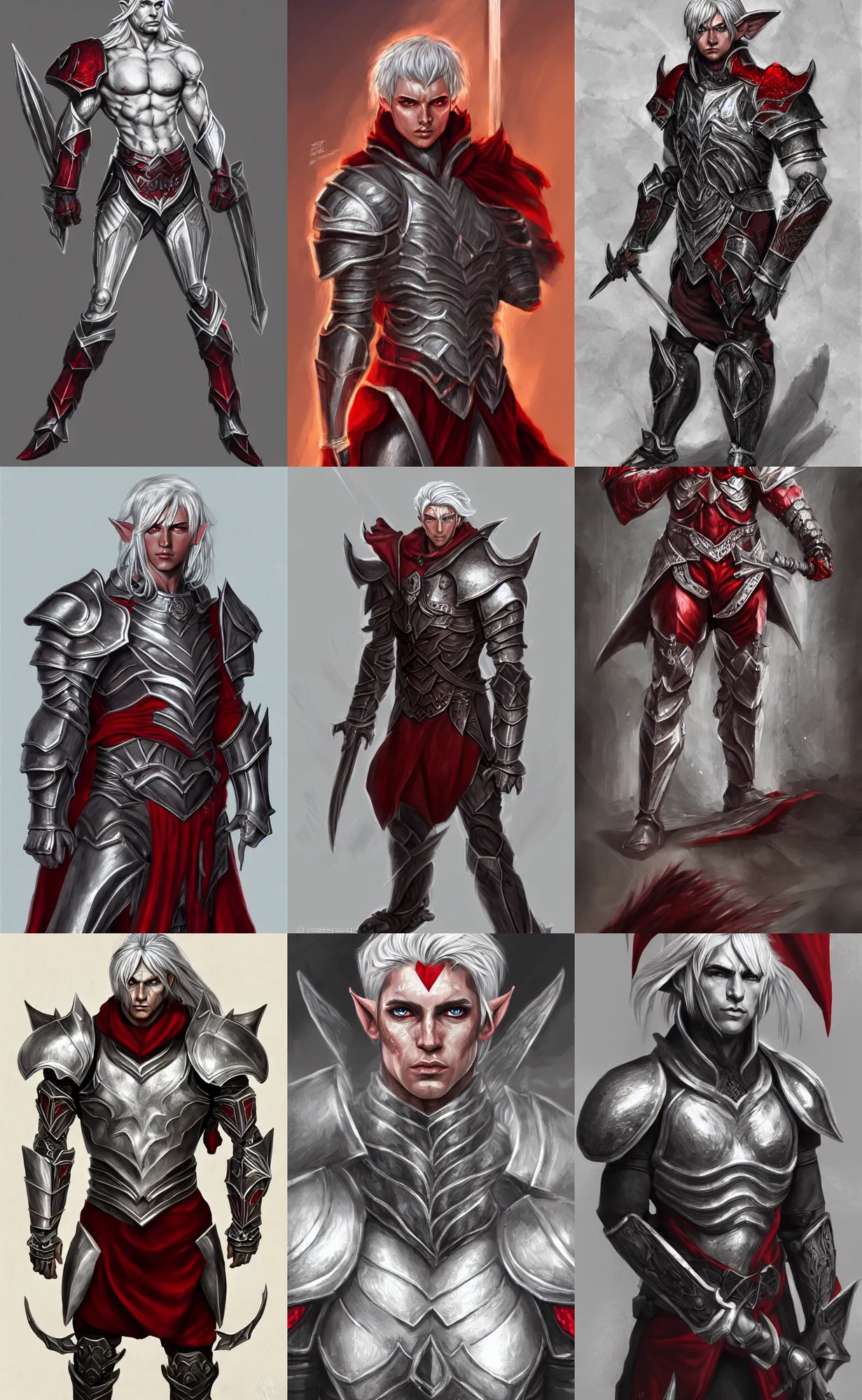 Prompt: A full body illustration of a male elf, silver hair, red eyes, heavy armor, muscular, attractive, command presence, royalty, weathered face, gritty, hard shadows, smooth, illustration, concept art, highly detailed, muscle definition, ArtStation, ArtStation HQ