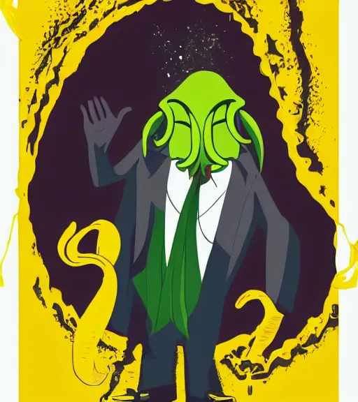 Prompt: cthulhu wearing suit, yellow background, disney movie poster style, animation