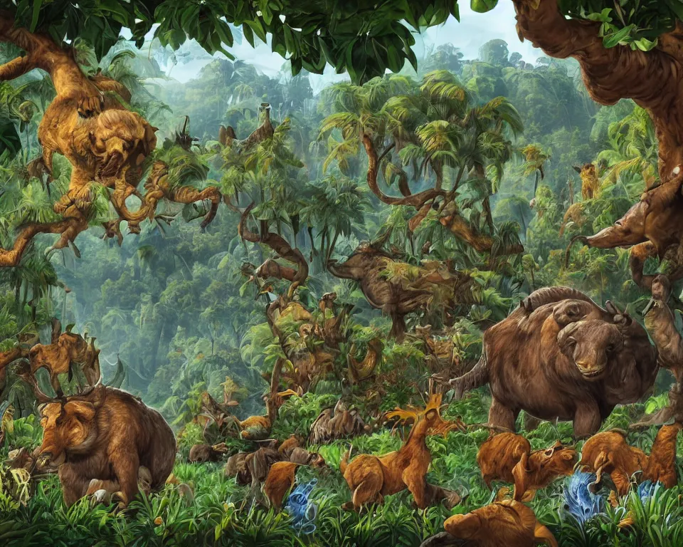 Image similar to the beastlands, megafauna, jungle landscape