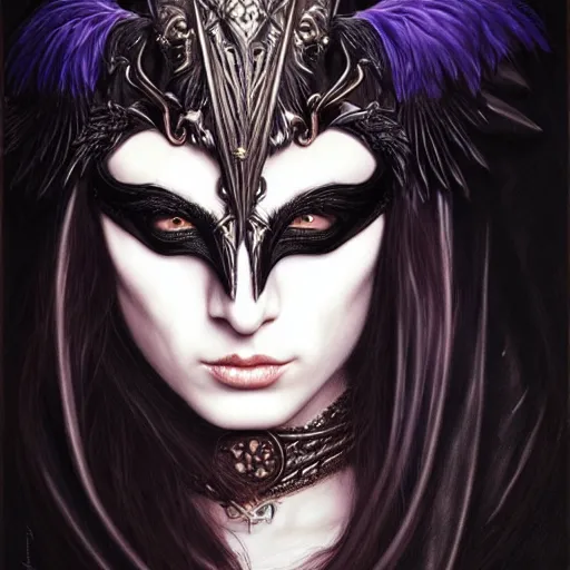 Image similar to portrait of a young woman in a raven masquerade mask, dark, piercing eyes, exotic expression, esoteric clothing, photorealistic, highly detailed, mysterious lighting, artstation, smooth, sharp focus, art by michael whelan, artgerm, greg rutkowski and luis royo