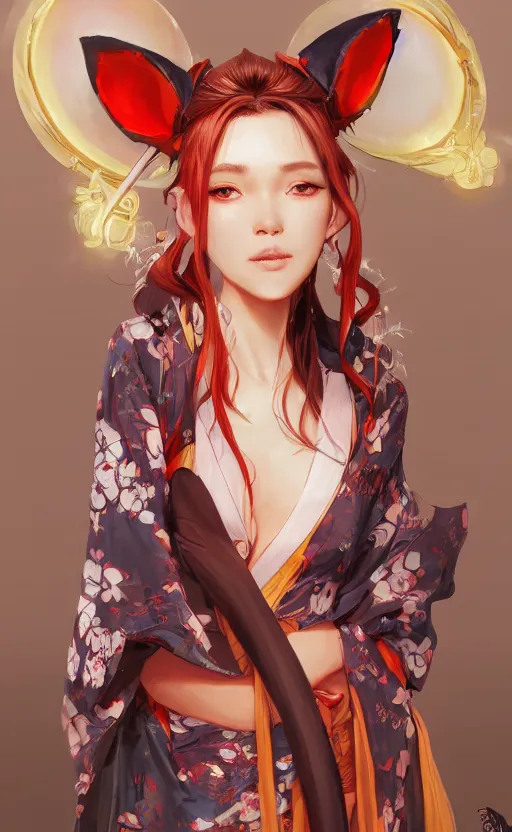 Prompt: An beautiful digital painting of a woman with fox ears and nine tails wearing a kimono, by Stanley Artgerm Lau, WLOP, Rossdraws, James Jean, Andrei Riabovitchev, and Marc Simonetti, trending on artstation