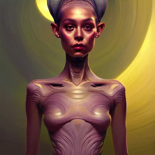 Image similar to wide angle full body portrait of an alien female, with a perfect face and perfect body, thin waist, intricate, single face, psychedelic background, highly detailed, digital painting, artstation, concept art, smooth, sharp focus, illustration, Unreal Engine 5, 8K, art by artgerm and greg rutkowski and alphonse mucha