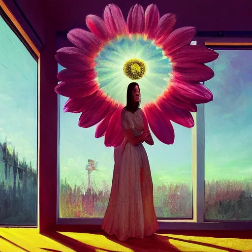 Prompt: a giant daisy flower as a head, woman standing next to modern window in luxury loft, surreal photography, sunlight, impressionist painting, digital painting, artstation, simon stalenhag