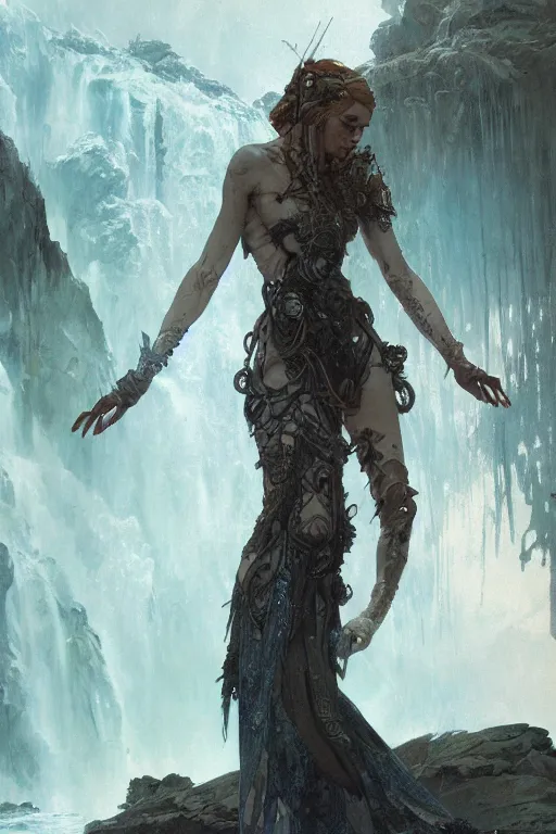 Image similar to a full body portrait of a beautiful post apocalyptic offworld nordic necromancer swimming by the waterfalls, intricate, elegant, highly detailed, digital painting, artstation, concept art, smooth, sharp focus, illustration, art by krenz cushart and artem demura and alphonse mucha