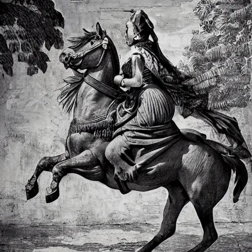 Image similar to by giovanni battista piranesi, by frederic remington 1 9 7 0 s era, cool subdued. a street art of a heroine riding on a magnificent red horse. traditional russian folk costume & headscarf. pale & beautiful, resolve in her eyes. horse's hooves churn up earth as they gallop, dark forest looms.