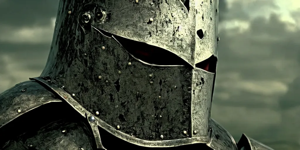 Prompt: film still of closeup the knight in shattered armor holds a bleeding heart by emmanuel lubezki