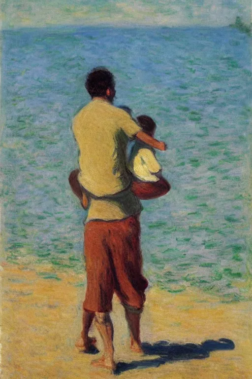 Image similar to a man walking with his child over his shoulders near the beach, anatomically correct, painting by monet, masterpiece