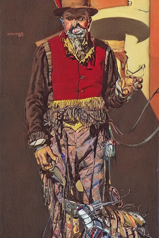 Image similar to vernon. Old west circus clown by James Gurney and Mœbius.