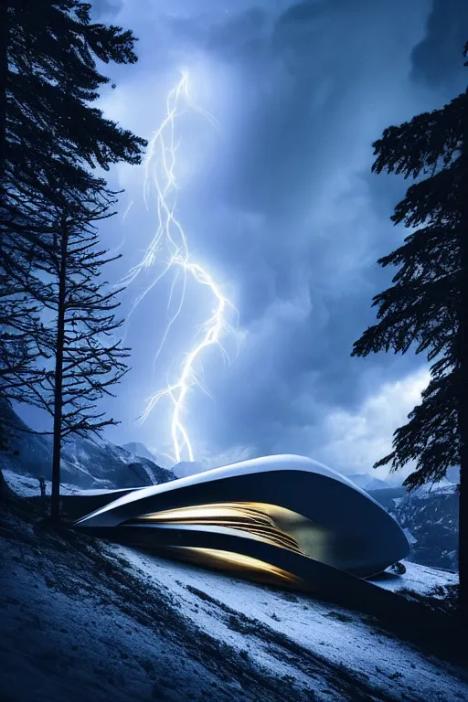 Prompt: a futuristic scene in front of a zaha hadid building in the forrest of the french alps mountains in the style of chris moore, stormy weather with lightning, neon lightning, cinematic matte painting, extreme detail 8 k photo quality, dark moody colors, snowfall, featured on behance