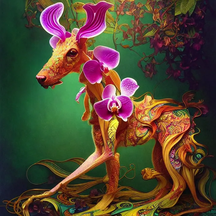 Image similar to psychedelic animal made of orchid, diffuse lighting, fantasy, intricate, elegant, highly detailed, lifelike, photorealistic, digital painting, artstation, illustration, concept art, smooth, sharp focus, art by John Collier and Albert Aublet and Krenz Cushart and Artem Demura and Alphonse Mucha