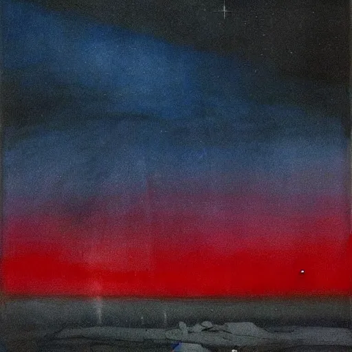 Image similar to the epic abstract painting'blue arctic void with black and red aurora borealis above a tiny inuit village ', by caspar david friedrich!!!, by rothko!!!, stunning masterpiece, trending on artstation