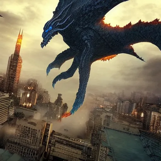 Image similar to giant kaiju with wings destroying a city, photo realistic, hyper realistic, extremely detailed