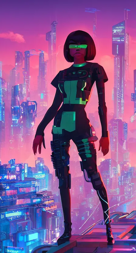 Image similar to zendaya as a cyberpunk hero standing on the rooftop of cybertown, art poster, full body, t - pose, character design, ambient lighting, 4 k, lois van baarle, ilya kuvshinov, rossdraws, alphonse mucha, jung gi kim, dylan kowalsk, artstation