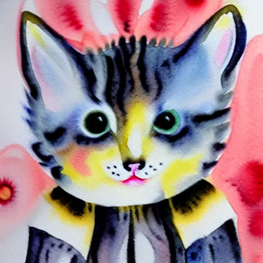 Prompt: watercolour painting kitten bee hybrid, horror movie