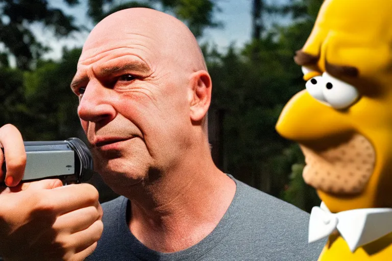 Image similar to movie scene portrait closeup, real life homer simpson in front of house, natural lighting by emmanuel lubezki