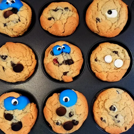 Prompt: cookiemonster made of muffins