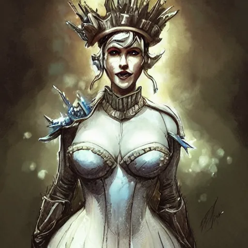 Image similar to mister freeze as an attractive young smiling woman wearing a mushroom crown and heavy armoured wedding dress, face portrait, hd shot, digital portrait, beautiful, fantasy art, artstation, comic style, by artgerm, guy denning, jakub rozalski, magali villeneuve and charlie bowater