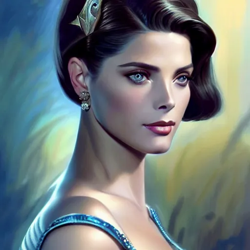 Image similar to Ashley Greene's face combined with Grace Kelly's face with short dark blue hair in elegant knight's armor, western, D&D, fantasy, intricate, elegant, highly detailed, digital painting, artstation, concept art, matte, sharp focus, illustration, art by Artgerm and Greg Rutkowski and Alphonse Mucha