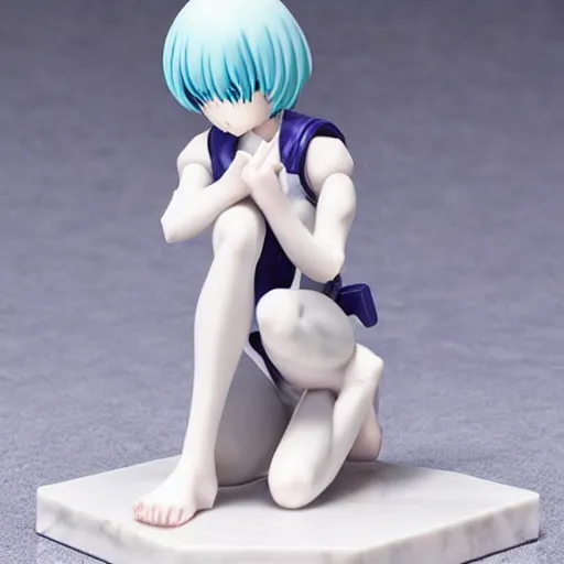 Prompt: marble figurine of kawaii rei ayanami kneeling relaxed