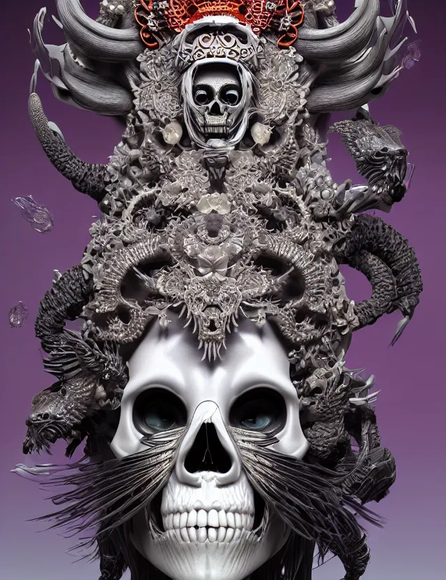 Image similar to 3 d goddess close - up profile skull biohazard portrait with crown, ram skull. beautiful intricately detailed japanese crow kitsune mask and clasical japanese kimono. betta fish, jellyfish phoenix, bio luminescent, plasma, ice, water, wind, creature, artwork by tooth wu and wlop and beeple and greg rutkowski