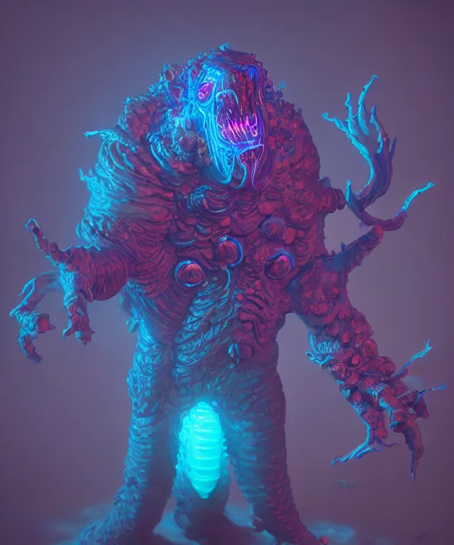 Image similar to a xanathar made of bioluminescence slimy skin, fantasy, elegant, crisp 8 k line art, digital painting, artstation, unreal engine, octane render, emissive lighting, concept art, matte, sharp focus, hyper realistic lighting, illustration, deep royal blue and pink color scheme, art bywes benscoter